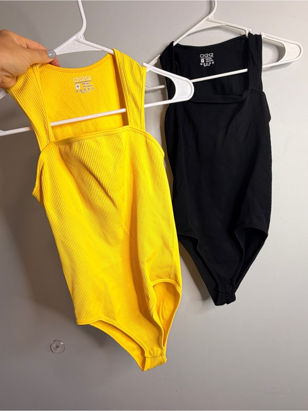 Set of 2 OQQ Ribbed Square Neck Bodysuits - Yellow & Black Medium